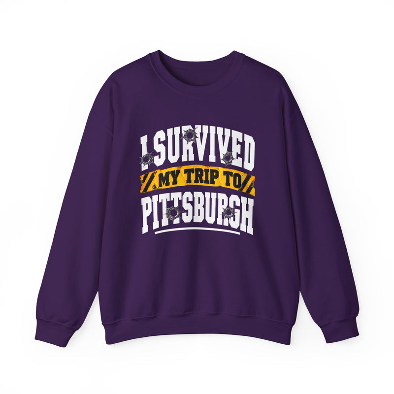 Sweatshirt product with collegiate lettering reading I SURVIVED MY TRIP TO PITTSBURGH, alternate view.