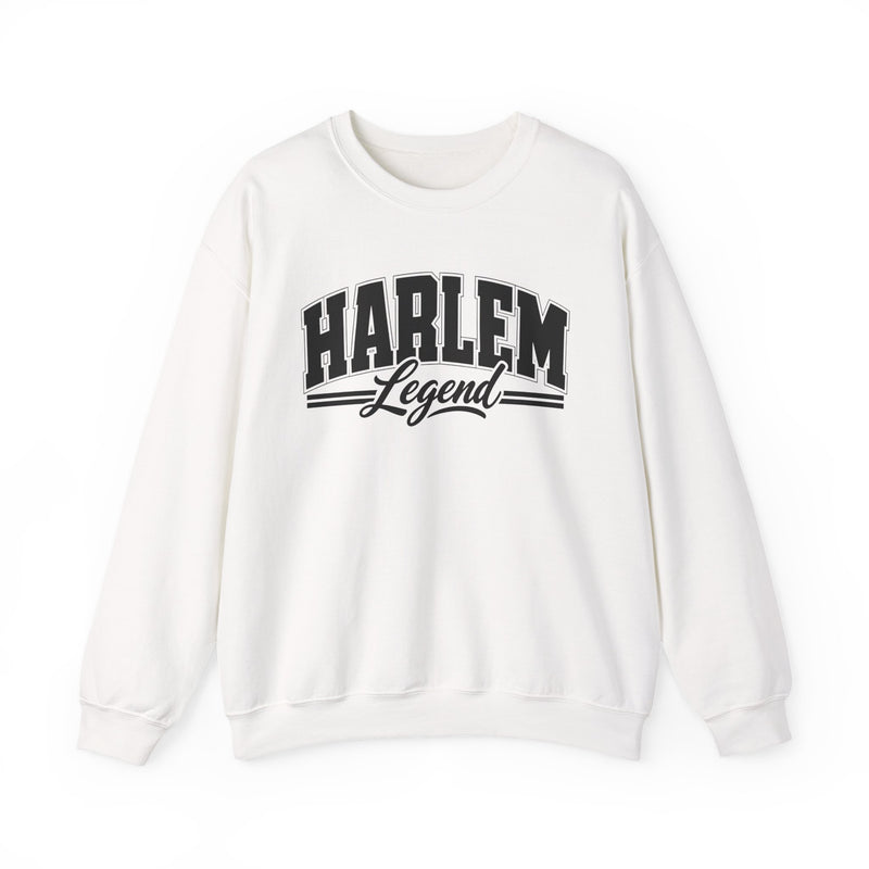 Sweatshirt product with collegiate lettering reading HARLEM LEGEND, alternate view.