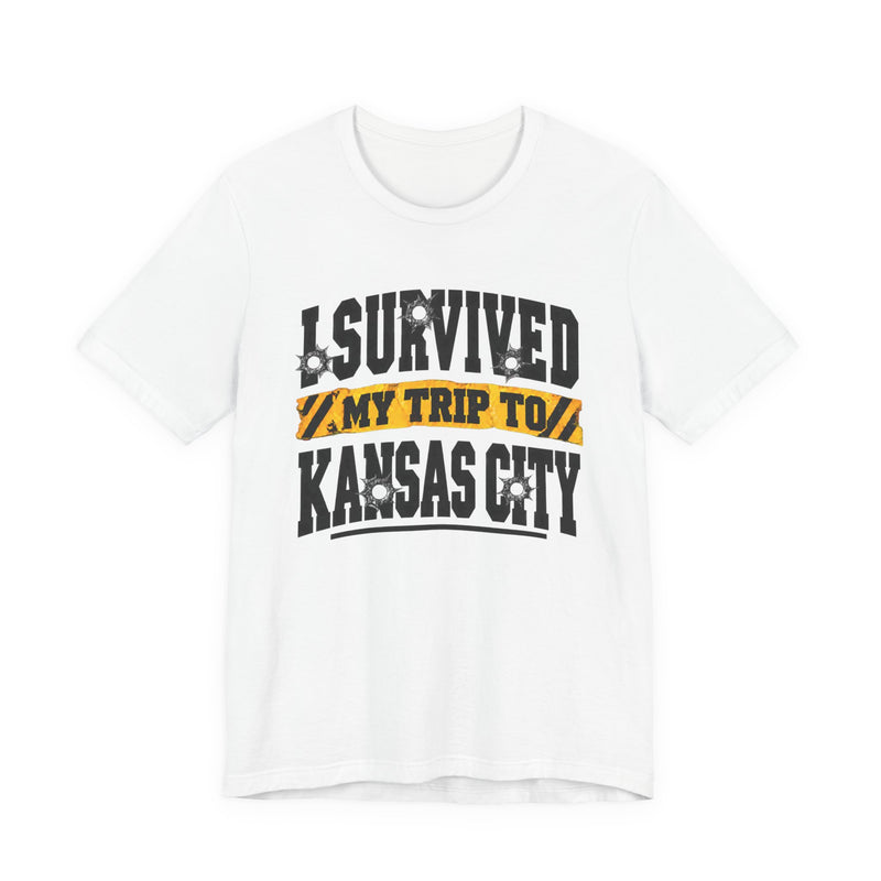 T-Shirt product with collegiate lettering reading I SURVIVED MY TRIP TO KANSAS CITY, alternate view.