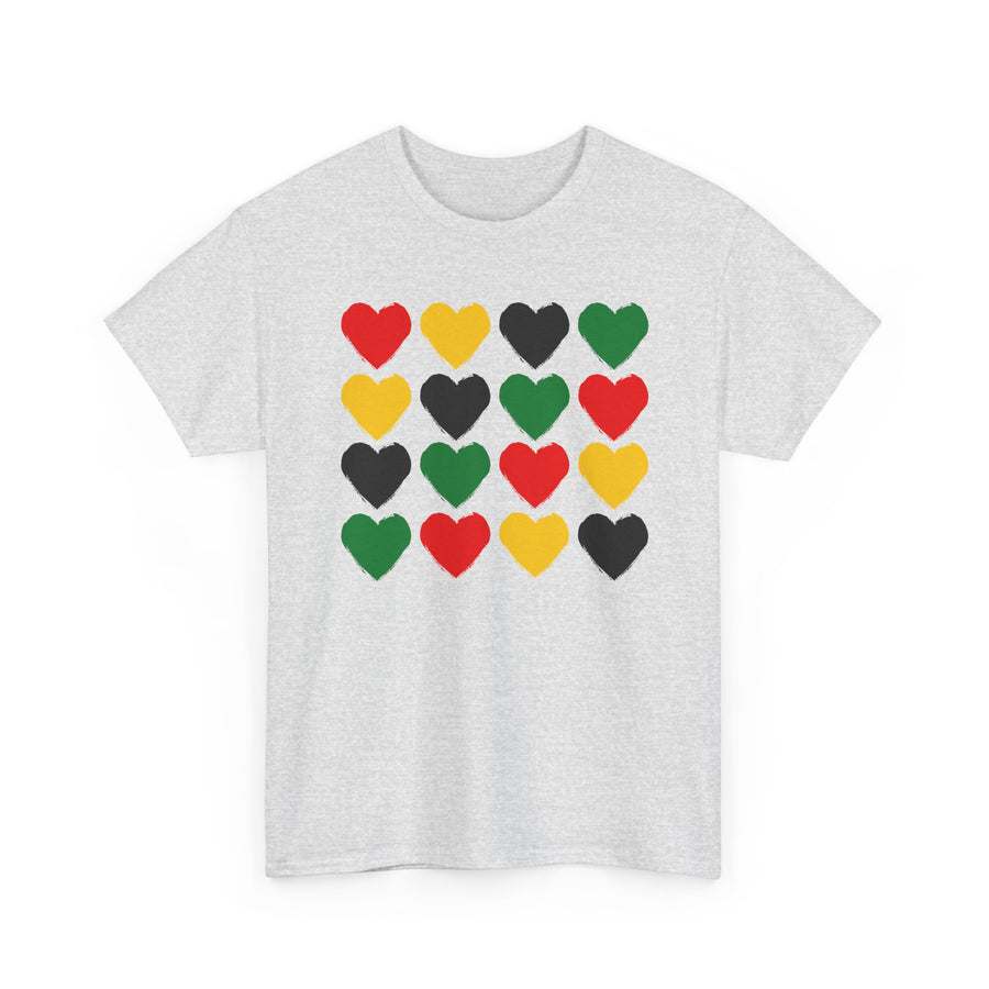 Pan-African Heart Grid — T-Shirt front view: sixteen hearts in red, gold, black, and green in a grid — Pan-African pride colors. Street Talk Designs culture statement apparel.