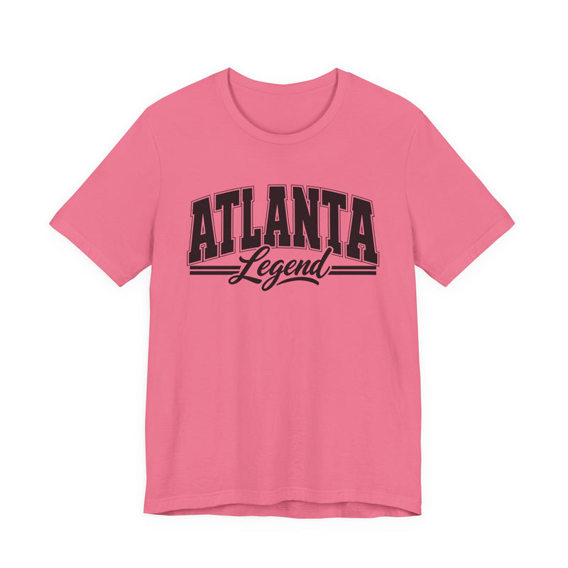 Hot pink t-shirt with black varsity block and script lettering reading ATLANTA LEGEND, front flat-lay view.