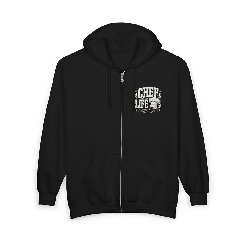Black zip-hoodie with white lettering reading "CHEF LIFE", front view.