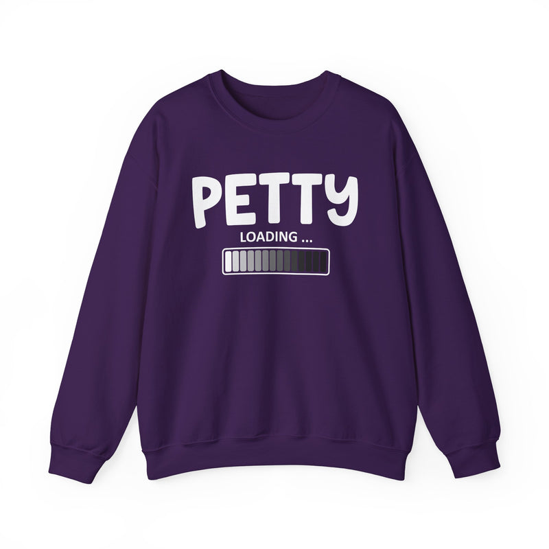 Navy sweatshirt with grey bold block lettering reading PETTY LOADING, front flat-lay view.